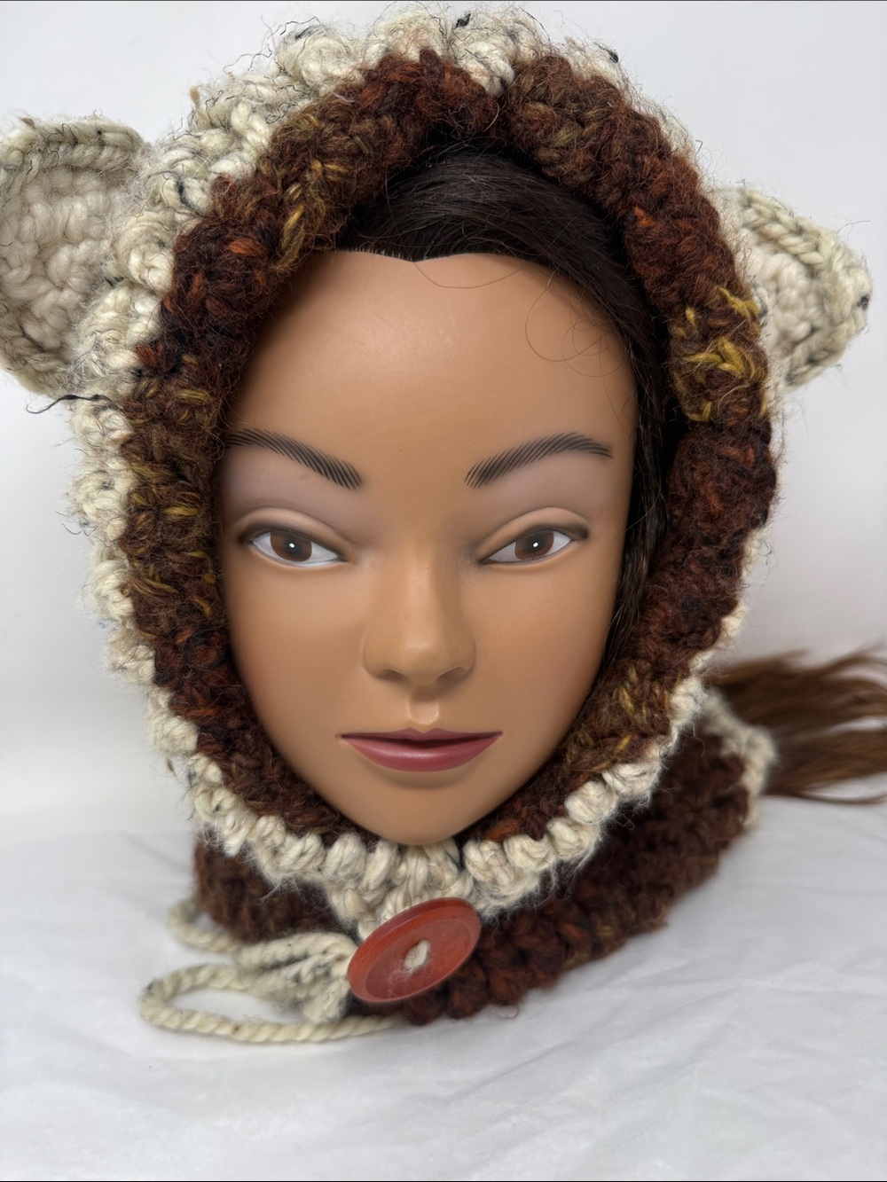 Handmade Crochet Bear Ear Hood Cowl Brown Cream Chunky Knit Balaclava Whimsical